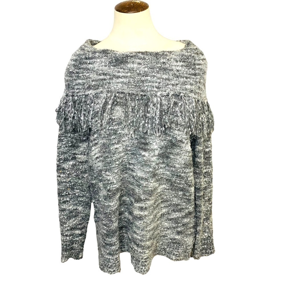 Ruby RD Gray White Knit Sweater Fuzzy Loops Fringed Cowl Neck Long Sleeves Sz M